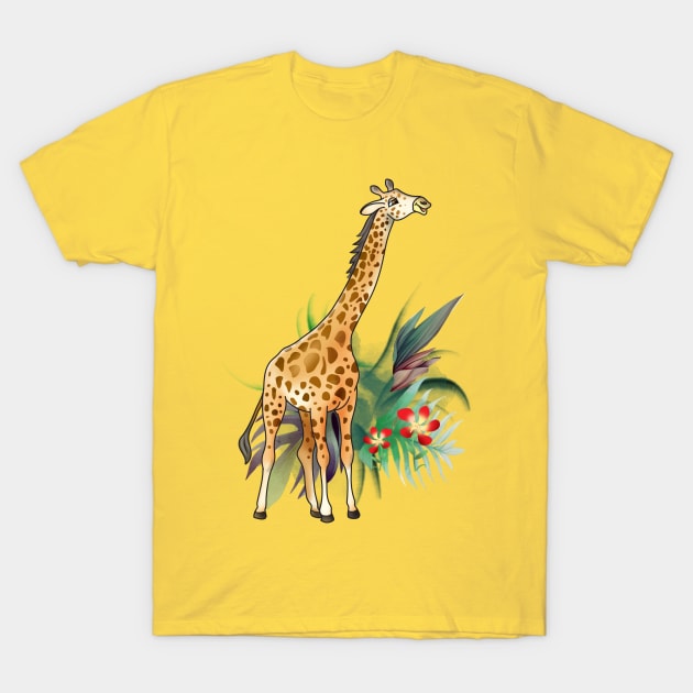 cheerful cartoon giraffe and plants T-Shirt by sonaart